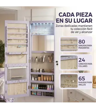 Espejo Joyero de Pared con Luces LED Espejo Pequeño Plegable Cerradura para Colgar en la Pared o en la Puerta Morado