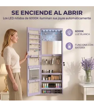 Espejo Joyero de Pared con Luces LED Espejo Pequeño Plegable Cerradura para Colgar en la Pared o en la Puerta Morado