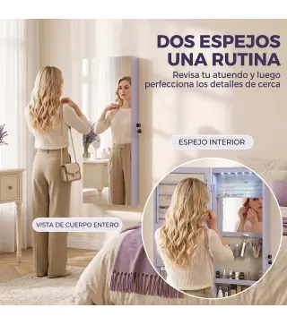 Espejo Joyero de Pared con Luces LED Espejo Pequeño Plegable Cerradura para Colgar en la Pared o en la Puerta Morado