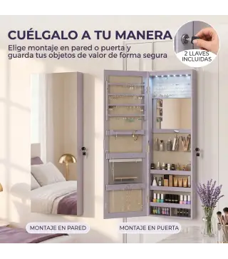 Espejo Joyero de Pared con Luces LED Espejo Pequeño Plegable Cerradura para Colgar en la Pared o en la Puerta Morado