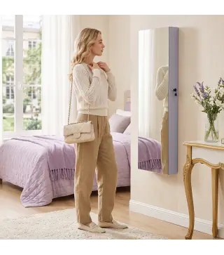 Espejo Joyero de Pared con Luces LED Espejo Pequeño Plegable Cerradura para Colgar en la Pared o en la Puerta Morado