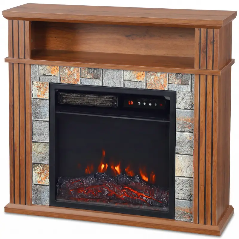 Chimenea Eléctrica Decorativa 1800W con Repisa Efecto Llama 5 Brillos Termostato Temporizador Mando Marrón
