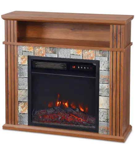 Chimenea Eléctrica Decorativa 1800W con Repisa Efecto Llama 5 Brillos Termostato Temporizador Mando Marrón