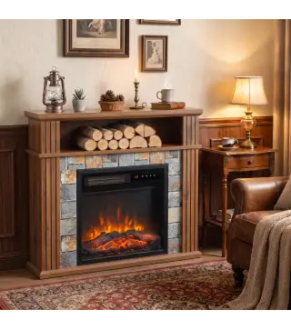 Chimenea Eléctrica Decorativa 1800W con Repisa Efecto Llama 5 Brillos Termostato Temporizador Mando Marrón