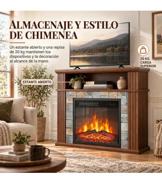 Chimenea Eléctrica Decorativa 1800W con Repisa Efecto Llama 5 Brillos Termostato Temporizador Mando Marrón