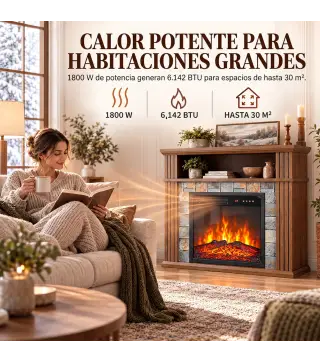 Chimenea Eléctrica Decorativa 1800W con Repisa Efecto Llama 5 Brillos Termostato Temporizador Mando Marrón