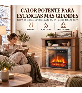 Chimenea Eléctrica Decorativa 1800W con Repisa Efecto Llama 5 Brillos Termostato Temporizador Mando Marrón