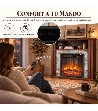 Chimenea Eléctrica Decorativa 1800W con Repisa Efecto Llama 5 Brillos Termostato Temporizador Mando Marrón