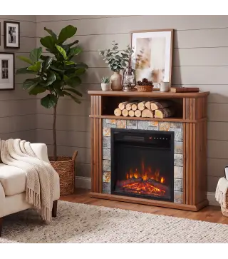 Chimenea Eléctrica Decorativa 1800W con Repisa Efecto Llama 5 Brillos Termostato Temporizador Mando Marrón
