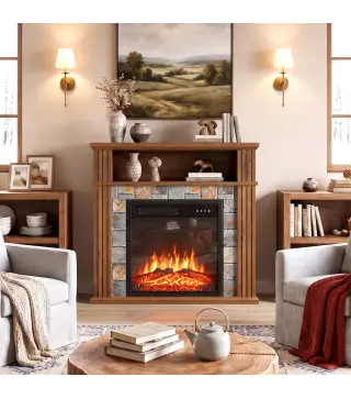 Chimenea Eléctrica Decorativa 1800W con Repisa Efecto Llama 5 Brillos Termostato Temporizador Mando Marrón