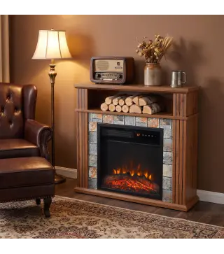 Chimenea Eléctrica Decorativa 1800W con Repisa Efecto Llama 5 Brillos Termostato Temporizador Mando Marrón