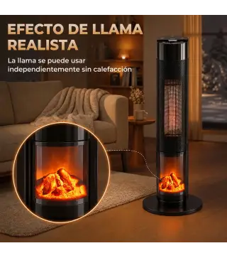 Calefactor Eléctrico Cerámico PTC 2000W con 5 Modos App Wi‑Fi Llama 3D Mando Protección Contra Sobrecalentamiento Negro
