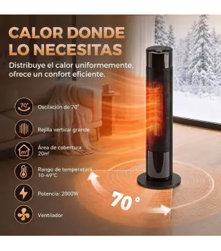Calefactor Eléctrico Cerámico PTC 2000W con 5 Modos App Wi‑Fi Llama 3D Mando Protección Contra Sobrecalentamiento Negro