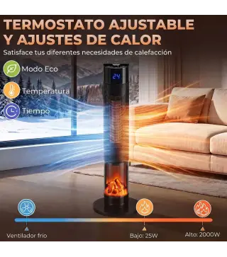 Calefactor Eléctrico Cerámico PTC 2000W con 5 Modos App Wi‑Fi Llama 3D Mando Protección Contra Sobrecalentamiento Negro