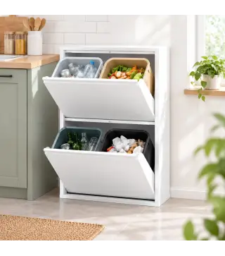 Mueble Cubos de Basura de Reciclaje de 4x15 L (60 L) 4 Compartimentos Estrechos de Acero Cierre Suave Blanco