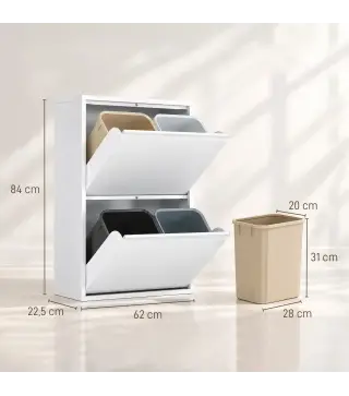Mueble Cubos de Basura de Reciclaje de 4x15 L (60 L) 4 Compartimentos Estrechos de Acero Cierre Suave Blanco