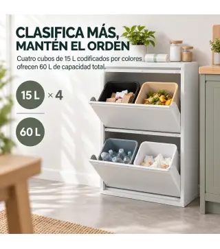 Mueble Cubos de Basura de Reciclaje de 4x15 L (60 L) 4 Compartimentos Estrechos de Acero Cierre Suave Blanco