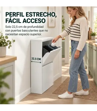 Mueble Cubos de Basura de Reciclaje de 4x15 L (60 L) 4 Compartimentos Estrechos de Acero Cierre Suave Blanco
