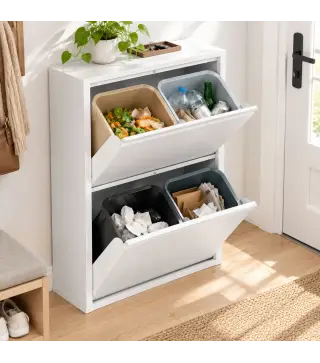 Mueble Cubos de Basura de Reciclaje de 4x15 L (60 L) 4 Compartimentos Estrechos de Acero Cierre Suave Blanco