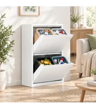 Mueble Cubos de Basura de Reciclaje de 4x15 L (60 L) 4 Compartimentos Estrechos de Acero Cierre Suave Blanco