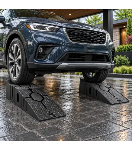 Juego 2 Rampas para Coches de HDPE Carga 2 Toneladas para Coches Estándares Furgonetas Pequeñas 90x29,5x22,5 cm Negro