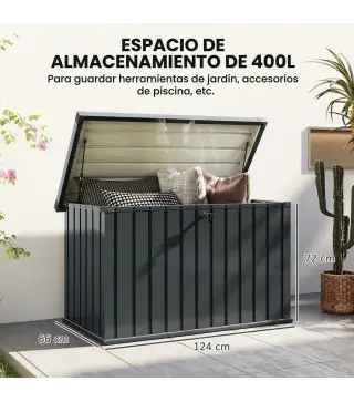 Arcón Exterior 400L Baúl de Almacenaje Exterior de Acero Galvanizado Resistente a la Intemperie con Cerradura Gris
