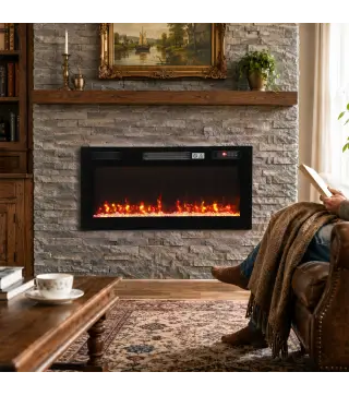 Chimenea Eléctrica Ultrafina 900/1800W Empotrable/Colgante/de Pie 12 Colores de Llama 3D Control Remoto hasta 35㎡ Negro