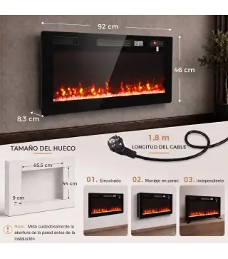 Chimenea Eléctrica Ultrafina 900/1800W Empotrable/Colgante/de Pie 12 Colores de Llama 3D Control Remoto hasta 35㎡ Negro