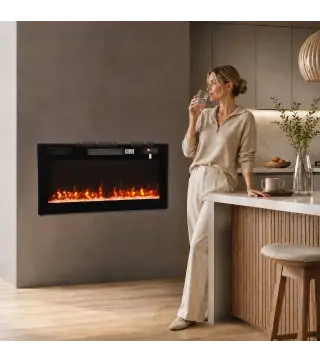 Chimenea Eléctrica Ultrafina 900/1800W Empotrable/Colgante/de Pie 12 Colores de Llama 3D Control Remoto hasta 35㎡ Negro