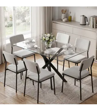 Mesa de Comedor Rectangular Moderna 6 Personas Tablero Vidrio Templado Patas Cruzadas de Acero 120x65 cm Transparente