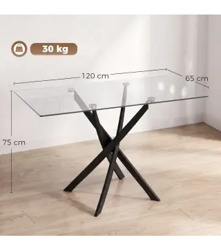 Mesa de Comedor Rectangular Moderna 6 Personas Tablero Vidrio Templado Patas Cruzadas de Acero 120x65 cm Transparente