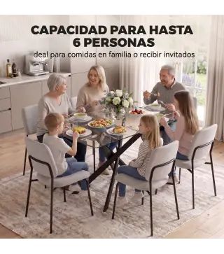 Mesa de Comedor Rectangular Moderna 6 Personas Tablero Vidrio Templado Patas Cruzadas de Acero 120x65 cm Transparente
