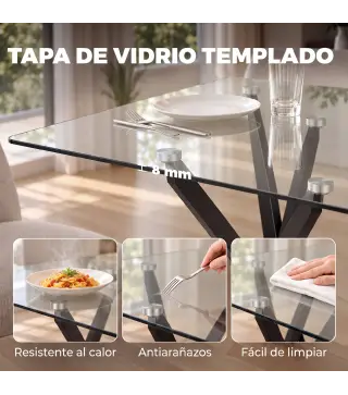 Mesa de Comedor Rectangular Moderna 6 Personas Tablero Vidrio Templado Patas Cruzadas de Acero 120x65 cm Transparente