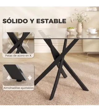 Mesa de Comedor Rectangular Moderna 6 Personas Tablero Vidrio Templado Patas Cruzadas de Acero 120x65 cm Transparente