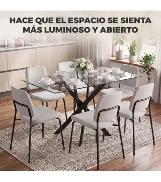 Mesa de Comedor Rectangular Moderna 6 Personas Tablero Vidrio Templado Patas Cruzadas de Acero 120x65 cm Transparente