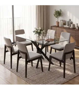 Mesa de Comedor Rectangular Moderna 6 Personas Tablero Vidrio Templado Patas Cruzadas de Acero 120x65 cm Transparente