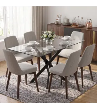 Mesa de Comedor Rectangular Moderna 6 Personas Tablero Vidrio Templado Patas Cruzadas de Acero 120x65 cm Transparente