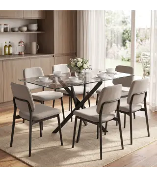 Mesa de Comedor Rectangular Moderna 6 Personas Tablero Vidrio Templado Patas Cruzadas de Acero 120x65 cm Transparente