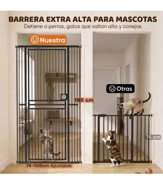 Barrera de Seguridad Perros Gatos Extra Alta 180 cm Extensible 74-100 cm para Puerta Escalera Montaje a Presión Negro