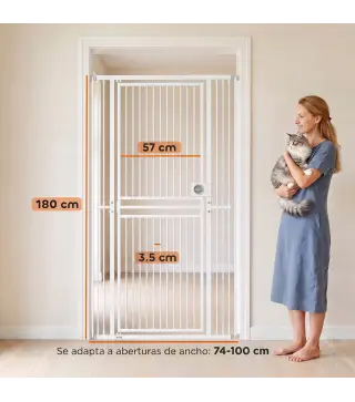 Barrera de Seguridad Perros Gatos Extra Alta 180 cm Extensible 74-100 cm para Puerta Escalera Montaje a Presión Blanco