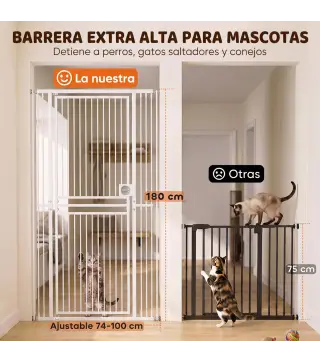 Barrera de Seguridad Perros Gatos Extra Alta 180 cm Extensible 74-100 cm para Puerta Escalera Montaje a Presión Blanco