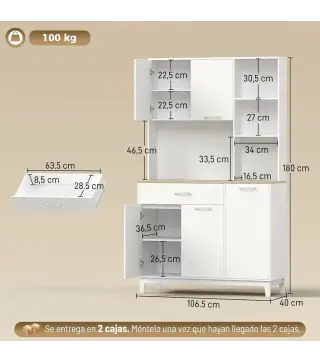 Alacena de Cocina con 5 Puertas 3 Estantes Cajón Encimera para Microondas Estantes Ajustables 106,5x40x180 cm Blanco