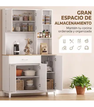 Alacena de Cocina con 5 Puertas 3 Estantes Cajón Encimera para Microondas Estantes Ajustables 106,5x40x180 cm Blanco