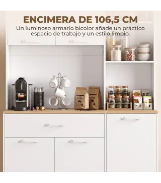 Alacena de Cocina con 5 Puertas 3 Estantes Cajón Encimera para Microondas Estantes Ajustables 106,5x40x180 cm Blanco