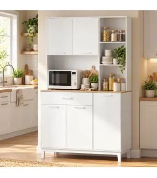 Alacena de Cocina con 5 Puertas 3 Estantes Cajón Encimera para Microondas Estantes Ajustables 106,5x40x180 cm Blanco