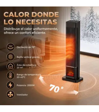 Calefactor Eléctrico Cerámico PTC 2000W con 4 Modos Llama Dinámica Mando Oscilación 70° Protección Sobrecalentamiento