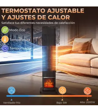 Calefactor Eléctrico Cerámico PTC 2000W con 4 Modos Llama Dinámica Mando Oscilación 70° Protección Sobrecalentamiento