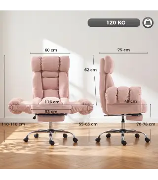 Silla de Oficina Ergonómica con Reposapiés Reposabrazos y Respaldo Alto Abatibles Reclinable 135° Altura Ajustable Rosa