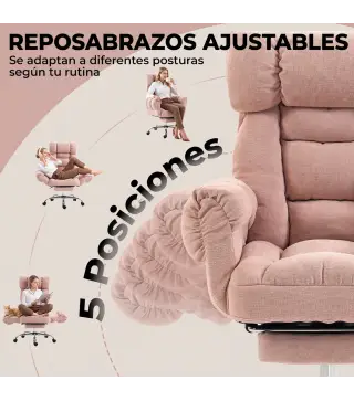 Silla de Oficina Ergonómica con Reposapiés Reposabrazos y Respaldo Alto Abatibles Reclinable 135° Altura Ajustable Rosa