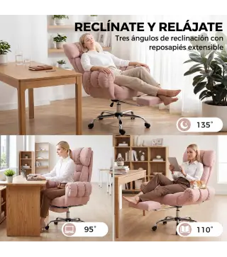 Silla de Oficina Ergonómica con Reposapiés Reposabrazos y Respaldo Alto Abatibles Reclinable 135° Altura Ajustable Rosa